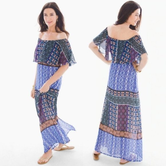 Chico's Womens Dress Maxi Long Blue Size L Print Boho Off the Shoulder Casual - Picture 1 of 7